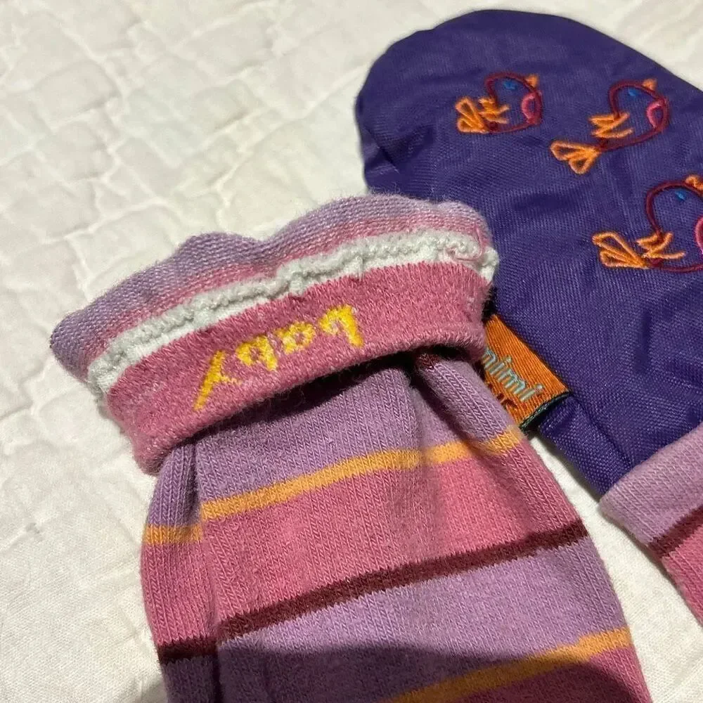 Mimi Tens Baby Mitten Birds Stripes Water Resistant